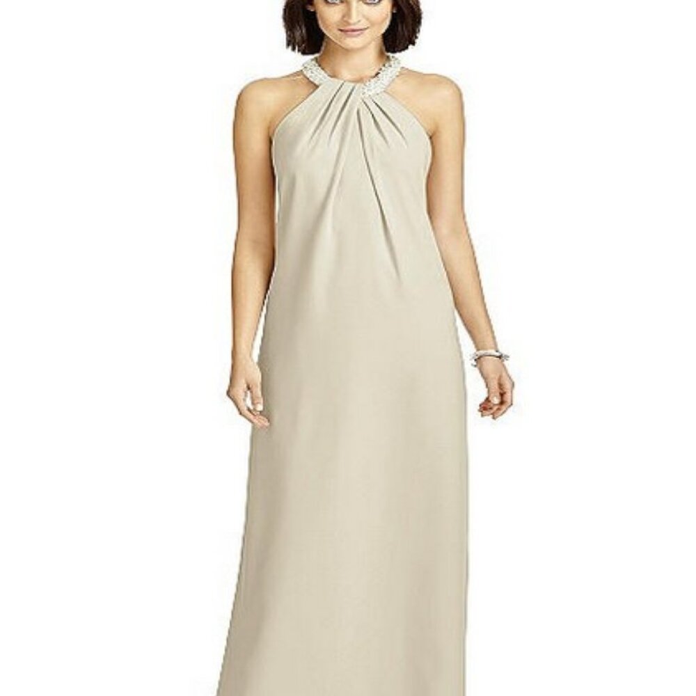 Dessy 2971.....Full Length Crepe Halter Neckline Dress....Palomino...Sz 2